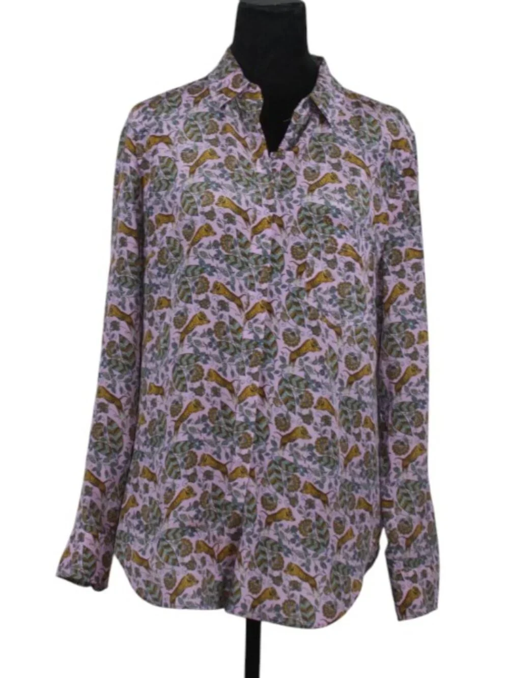 100% Silk J. Crew Lavender Floral & Tiger Print Button-Up Blouse Size 8